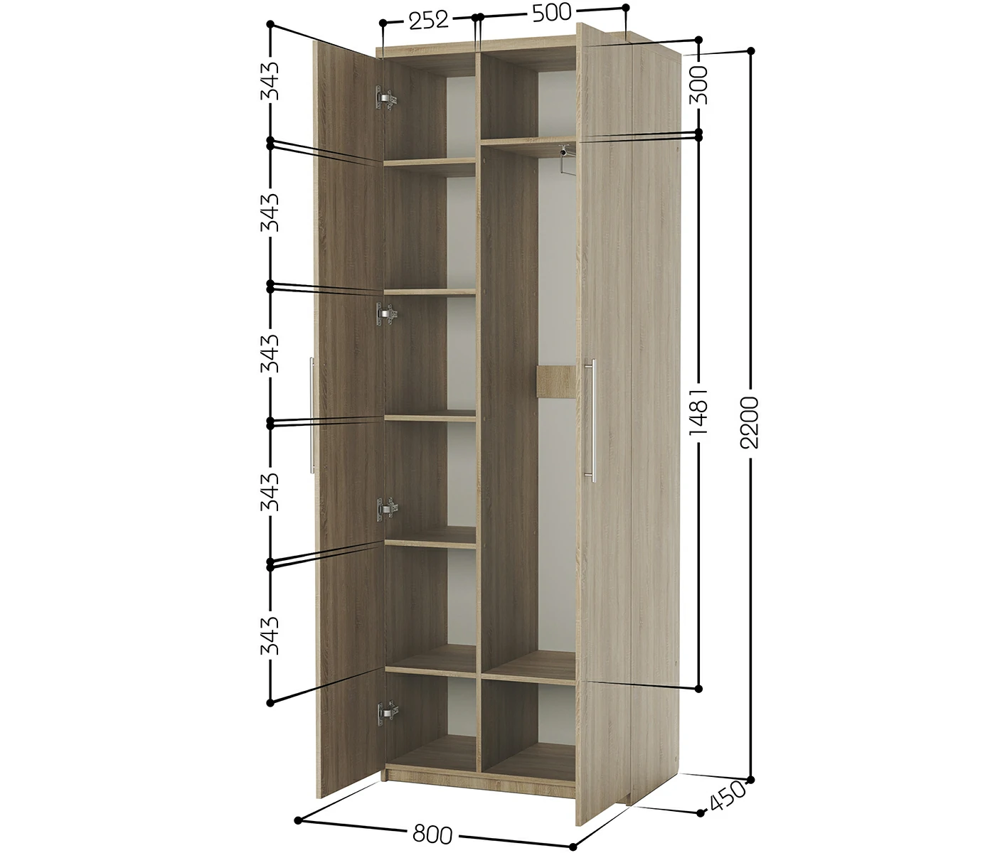 Схема размеров Шкаф комбинированный Мелодия МК-22 80х45 Дуб Сонома