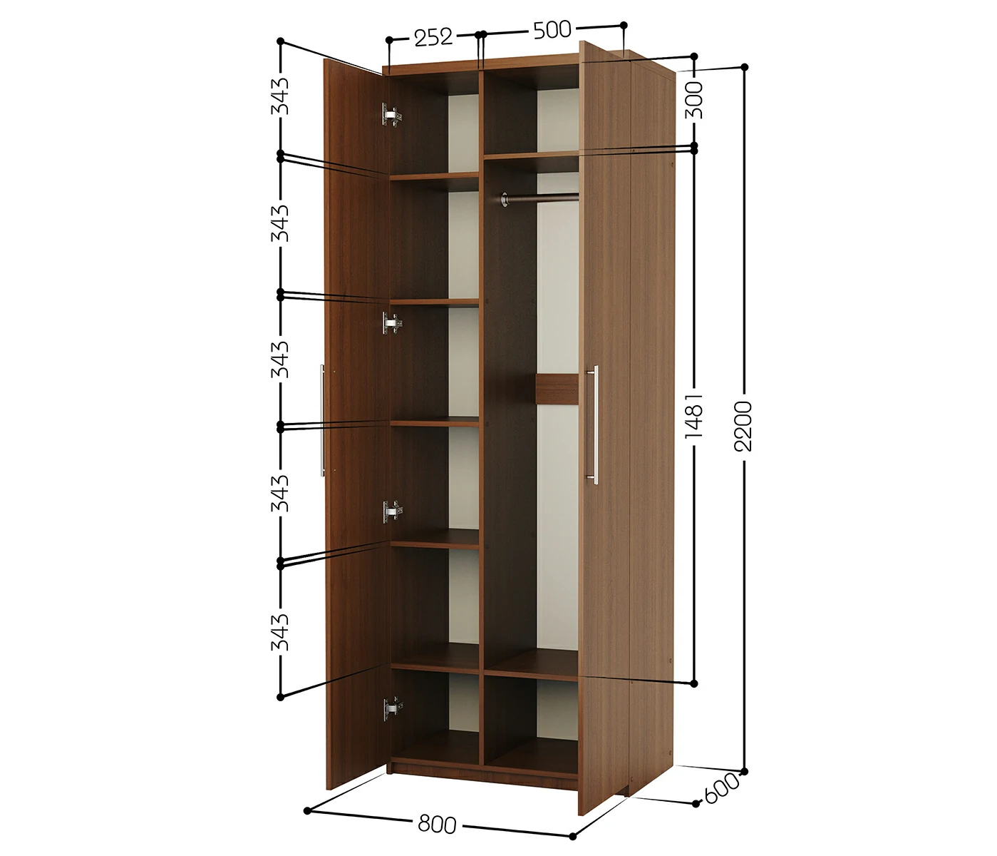 Схема размеров Шкаф комбинированный Комфорт МК-22 80х60 с зеркалами орех