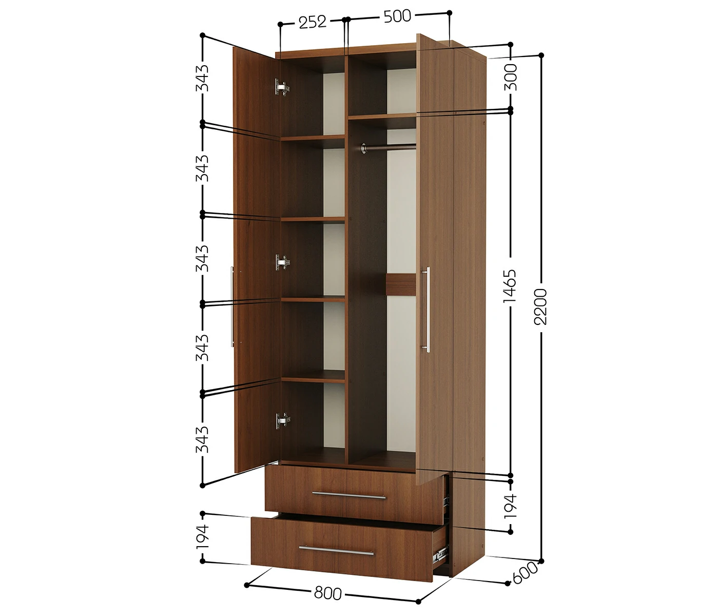 Схема размеров Шкаф комбинированный с ящиками Комфорт МКЯ-22 80х60 с зеркалами орех